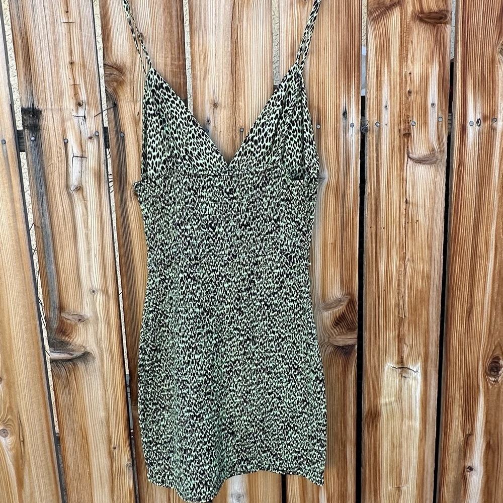 AFRM Leopard Print Smocked Mini Dress Green Y2K Bodycon - Picture 4 of 13